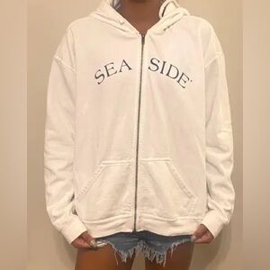 White Seaside Zip-Up Hoodie with Navy Letters